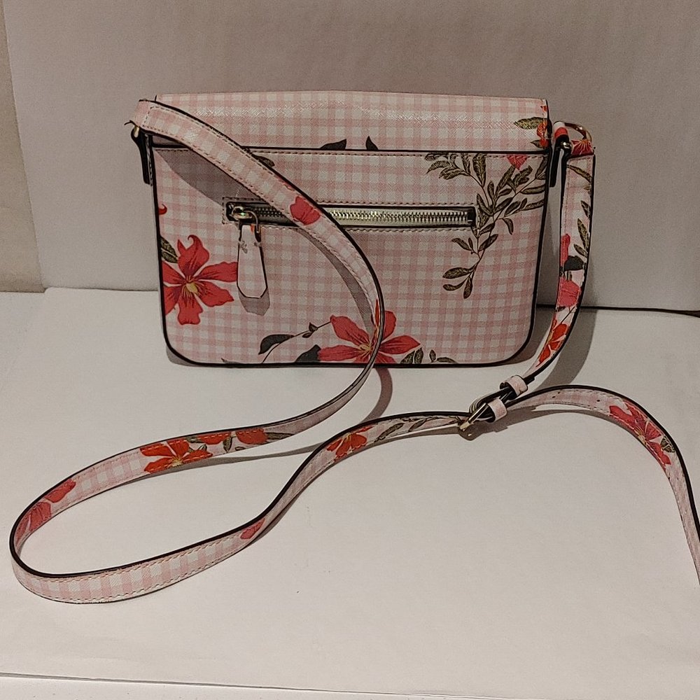 GUESS Crossbody Purse Pink Gingham Pattern Floral 1981 Handbag